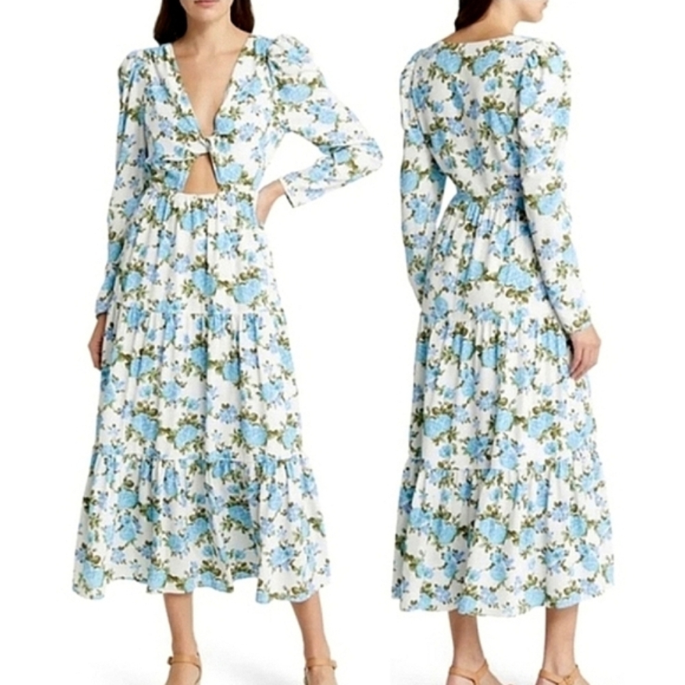 Charles Henry Blue Floral Twist Front Cutout Long Sleeve Midi Dress Peasant LG